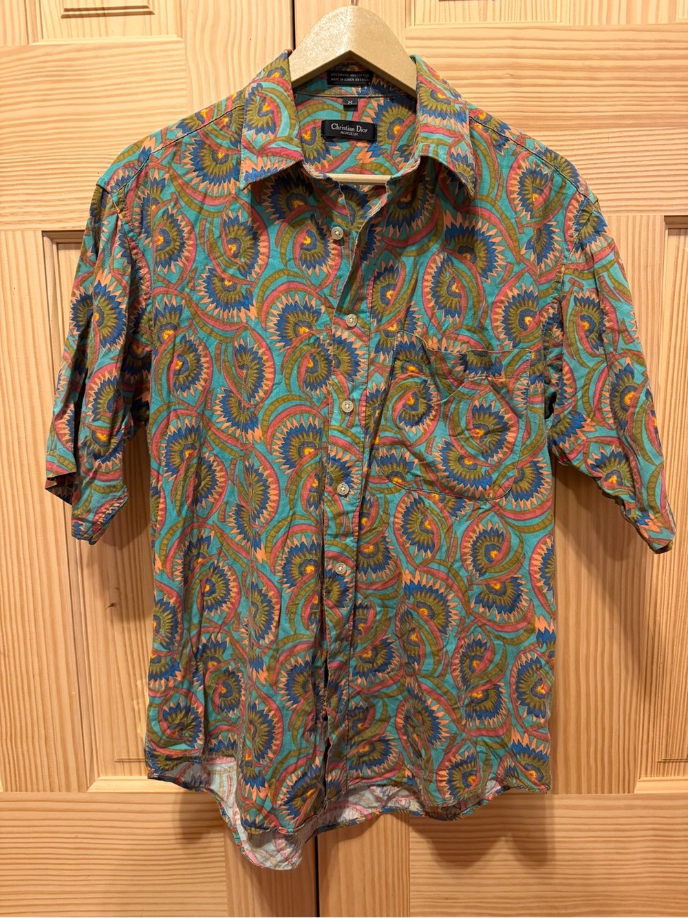 Vintage Christian Dior Multicolor Patterned Short-Sleeve Shirt - Teal/Orange M